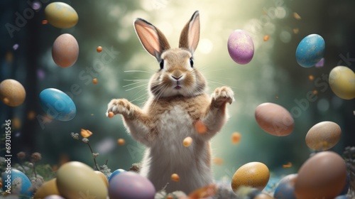 Easter Bunny juggles Easter eggs. concept easter, card, celebration 