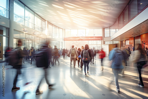 Students walking to class in a university or college environment. Moving crowd motion blurred background photo