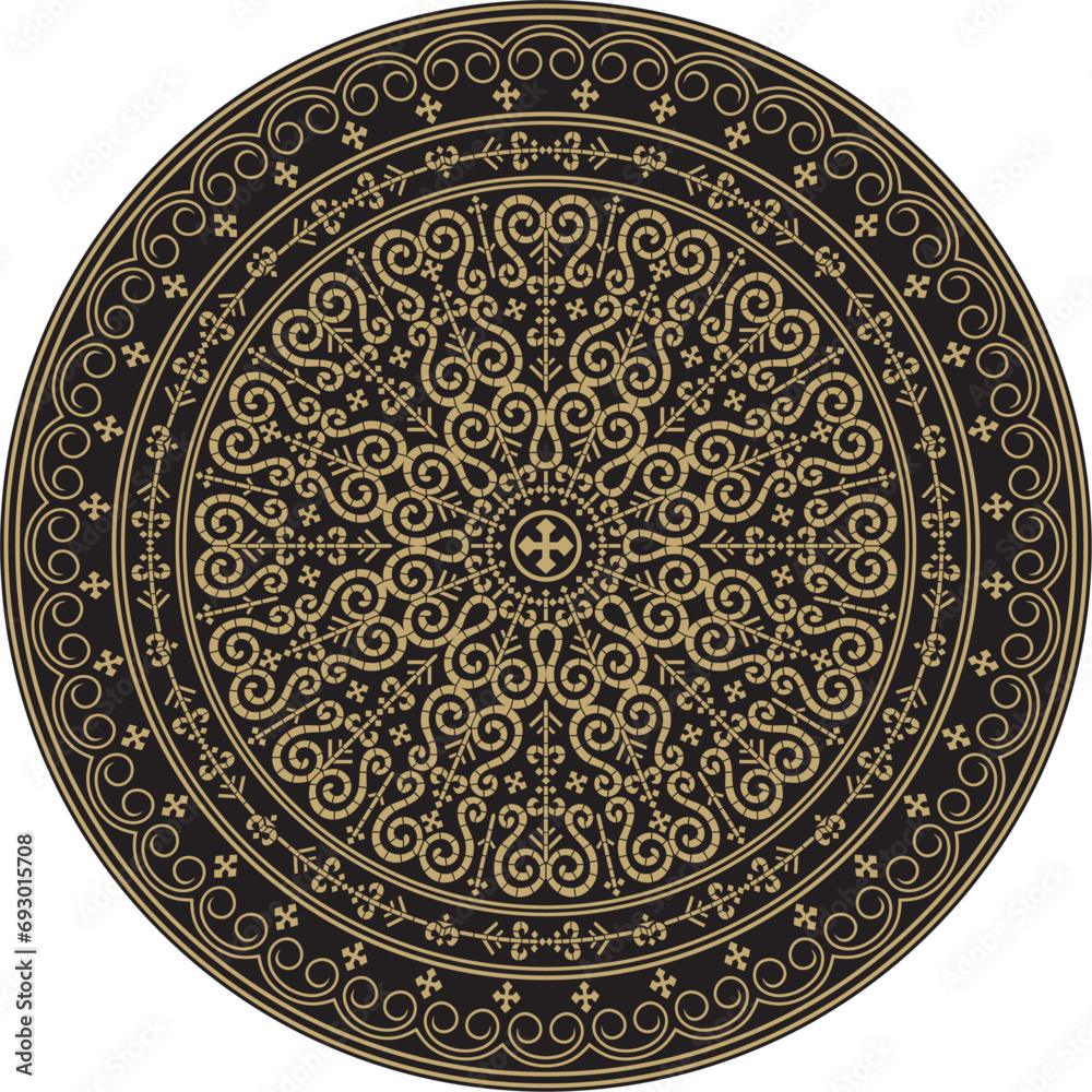 Vector gold and black round Yakut ornament. Endless circle, border, frame of the northern peoples of the Far East.