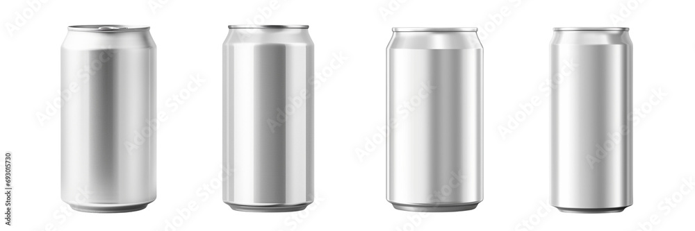 Set of aluminum drink soda cans isolated on a transparent or white background