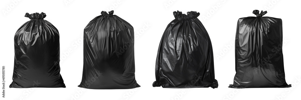 Set of black garbage bags isolated on a transparent or white background.