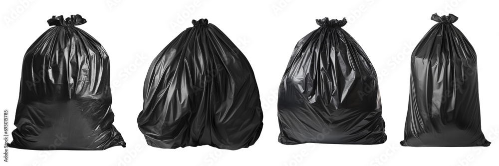 Set of black garbage bags isolated on a transparent or white background. Set of black garbage bags isolated on a transparent or white background.