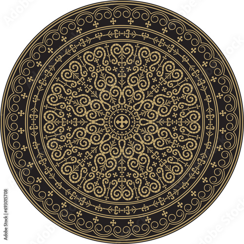 Vector gold and black round Yakut ornament. Endless circle, border, frame of the northern peoples of the Far East.
