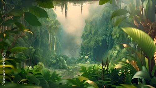 Beautiful jungle background with border made of tropical leaves. Exotic horizontal backdrop with copy space. AI generative. photo