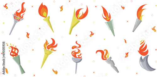 Olympic torch set. Vector isolated burning torches flames. Symbols of relay race, competition victory, champion or winner, Olympic Flame and games 