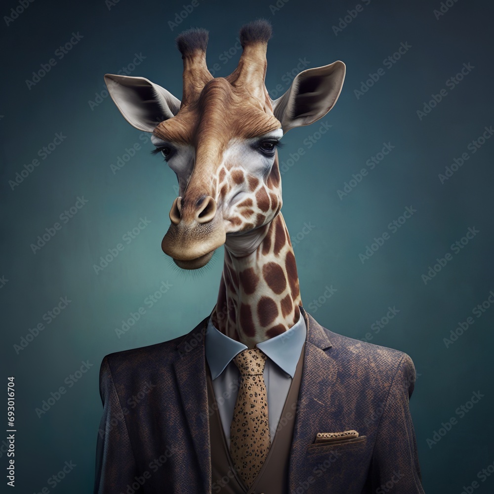 Realistic lifelike glam giraffe , in a suit, business style long neck elegant gentlemen with tie office environment kind cute glasses brown spotted Generative AI 