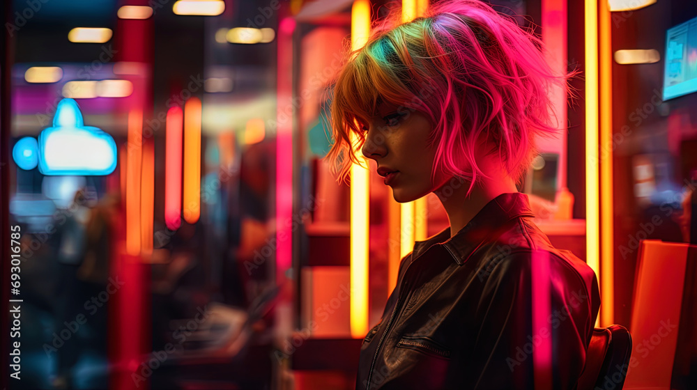 Neon haircut: flickering colors in a hairdresser
