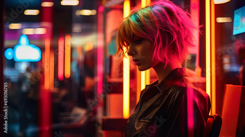 Neon haircut: flickering colors in a hairdresser © JVLMediaUHD