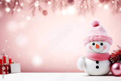 Christmas banner with cute happy snowman wearing knitted cap. Holiday background, winter landscape. Festive mockup, blank banner or greeting card template. © ita_tinta_