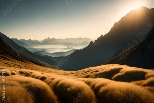 A serene mountain plateau bathed in soft morning light, with a carpet of dew-kissed grass leading towards distant peaks standing tall against the horizon.