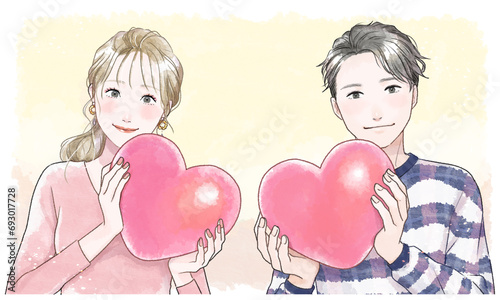 Eye-Catching Image of a Couple Holding Hearts - Watercolor Style. photo