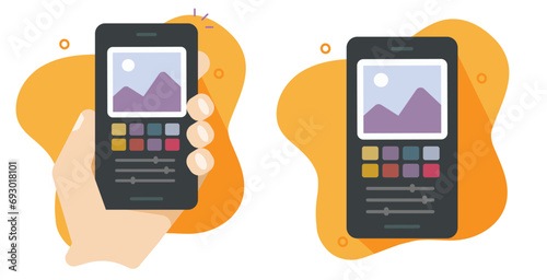 Photo graphic draw editor app software on mobile cell phone icon vector illustration, cellphone picture designer application, illustrator retouch program image clipart