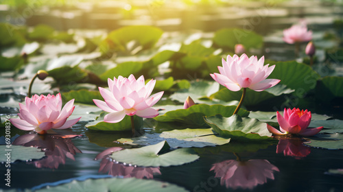 Beautiful pink lotus flower with a green leaf