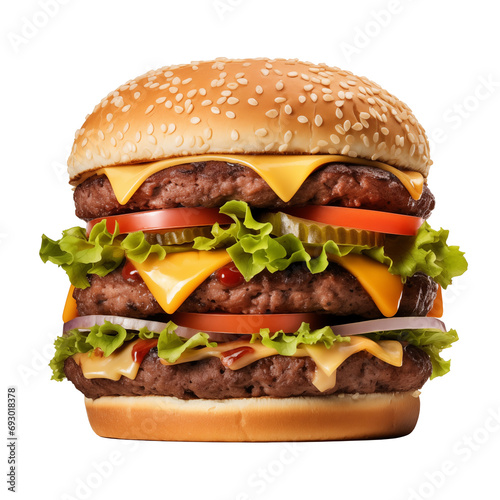 Large hamburger isolated food PNG - 3 burger patties tomato lettuce and cheese - transparent background