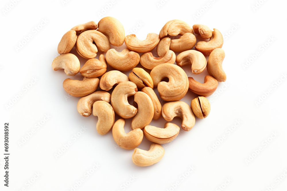 Cashews forming a heart-shape on a white background Cashews forming a heart-shape on a white background