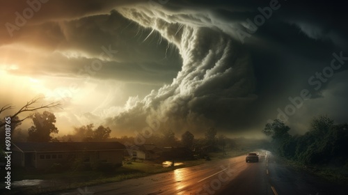 post-apocalyptic city with a hurricane with rain, fire, lightning, high tsunami waves destroying the city. devastating disasters. concept global warming, disaster, post-apocalypse photo