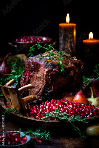 Venison roast with pomegranate, herbs and sauce. Generative AI 