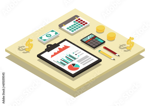 Finance and money in isometric. Vector illustration of 3D business elements