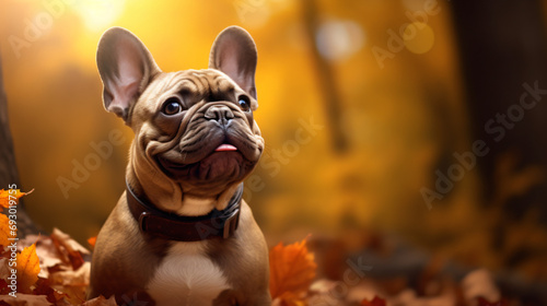 Portrait of French bulldog in autumnal scenery