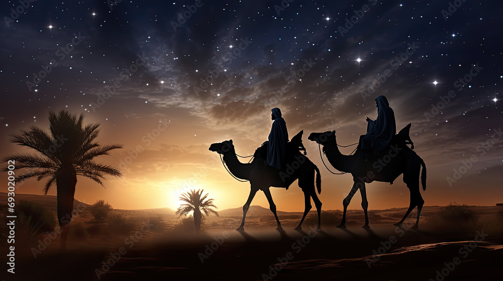 The Biblical Wise Men going to Bethlehem to see the birth of the baby Jesus of Nazareth. Generative AI The Biblical Wise Men going to Bethlehem to see the birth of the baby Jesus of Nazareth. Generative AI