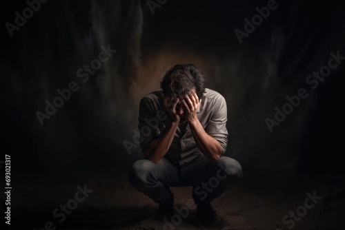 Depressed man crying with head up on hands on dark background