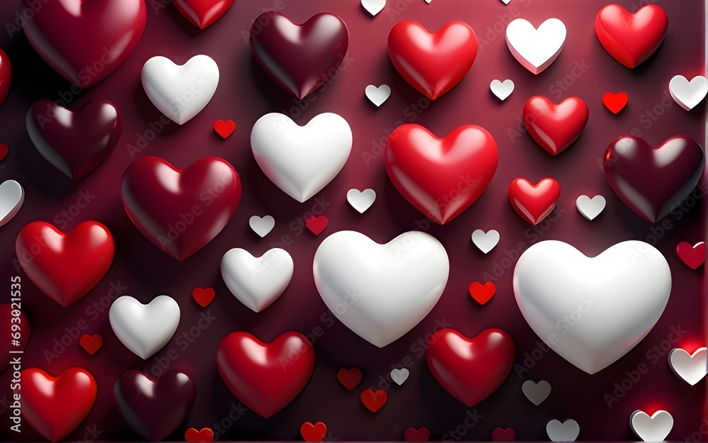 Beautiful background with 3D lovely hearts. It consists red,dark red, white hearts.