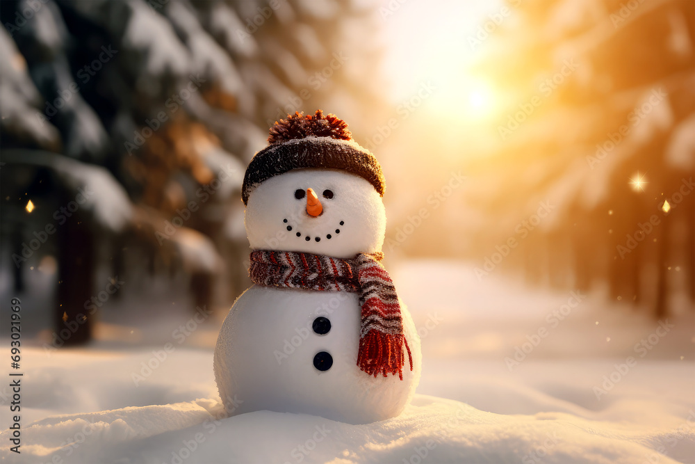 Fototapeta premium snowman in winter christmas background