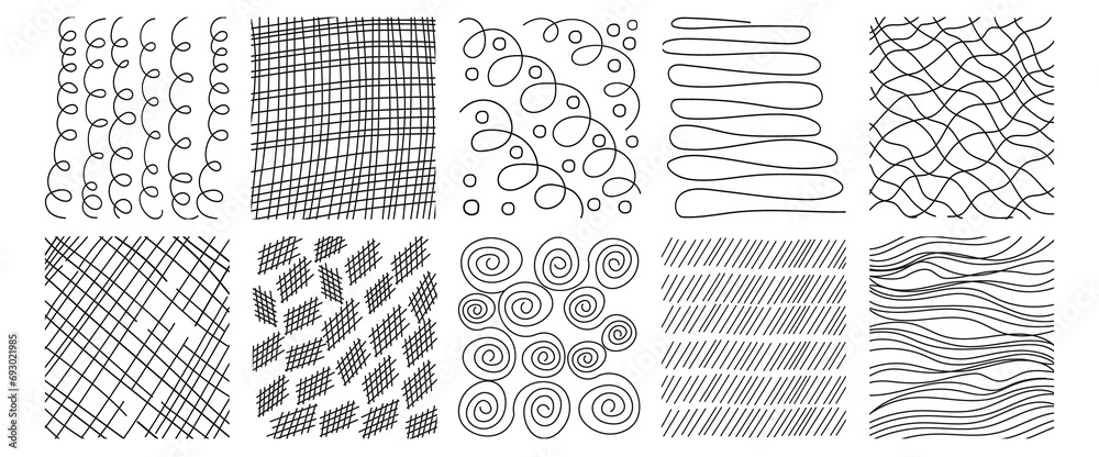 Hand drawn line textures. Includes vector scribbles,grid with irregular, horizontal and wavy strokes,doodle patterns. Isolated Ink lines on a white background. Modern Illustration set of freehand grap - obrazy, fototapety, plakaty 
