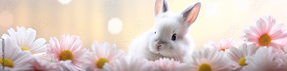 White bunny amidst pink daisies on a sunny backdrop. Whimsical spring scene. Panoramic banner style. Perfect for Easter greeting cards, website headers, or springtime backgrounds White bunny amidst pink daisies on a sunny backdrop. Whimsical spring scene. Panoramic banner style. Perfect for Easter greeting cards, website headers, or springtime backgrounds
