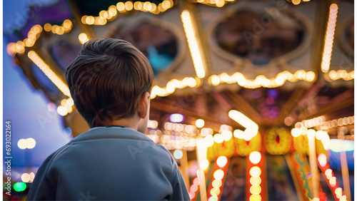 Um menino de costas, olhando o carrossel todo iluminado em um parque de diversões. photo