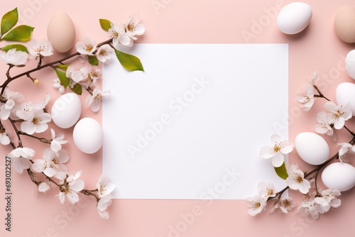 Elegant floral frame with white cherry blossoms and Easter eggs encircling a clean white card. Gentle and inviting design. Perfect for wedding invitation, banner, or poster