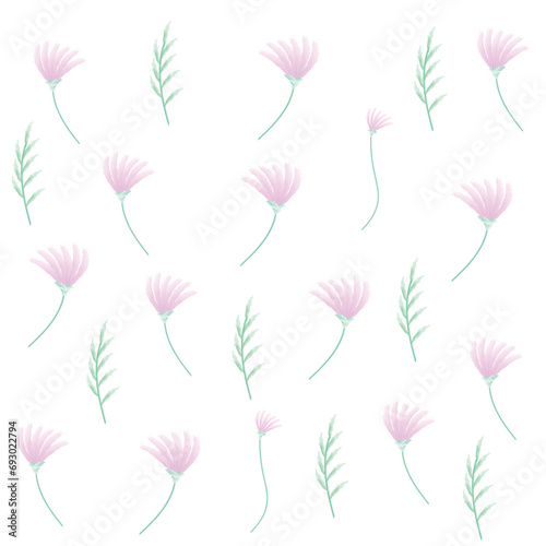 Seamless pattern with flowers, green leaves on white background, flower icons. Leaf icon is a vector illustration.