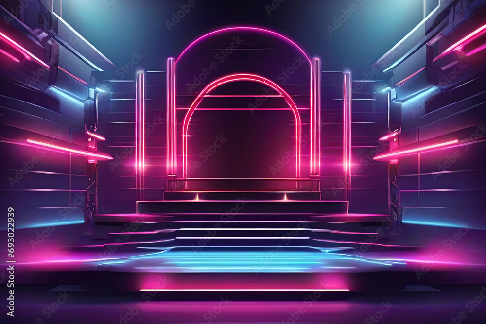Dynamic 3D product podium with futuristic neon tunnel lighting Showcase promotion in abstract geometric scene Dynamic 3D product podium with futuristic neon tunnel lighting Showcase promotion in abstract geometric scene