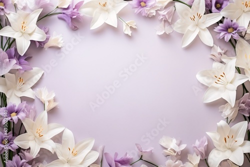 Elegant lily and lilac floral frame on a purple background. The beauty of spring. Springtime Easter and Mother’s Day celebration. Perfect for wedding invitation, card, or banner with free space for te photo