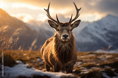 Majestic Stag in Mountainous Winter Sunrise