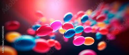 Banner for pharmacy and medicine. Multicolored pills and capsules floating over blurred background with empty space for text. Motion blur. Medical and addiction concept.
