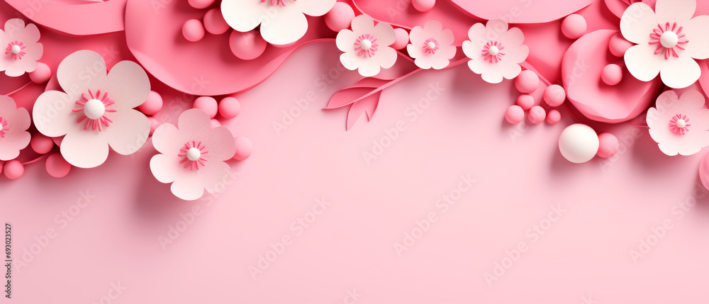 Header with flowers on light pink background. Greeting card template for mothers, womans day. Floral composition with empty space for text. Header with flowers on light pink background. Greeting card template for mothers, womans day. Floral composition with empty space for text.