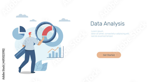 Data analysis, financial investment charts and graphs, big data and error recognition, Advertising media, banners, mobile apps, web, Businessman with magnifying glass analyzes pie chart data.