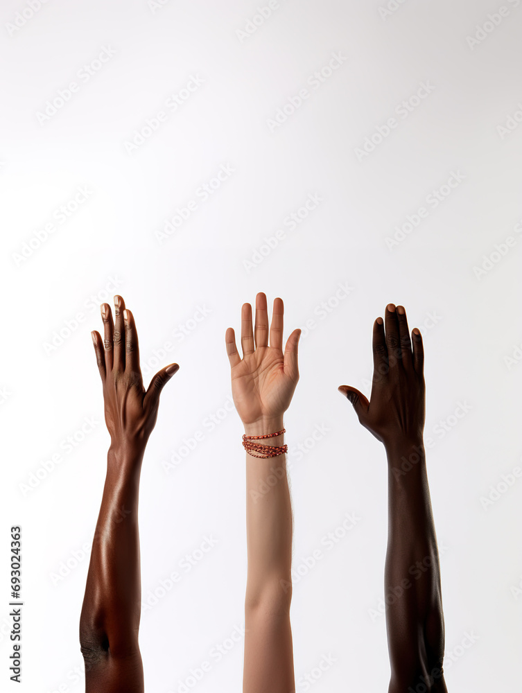 Set of miltiethnic hands raised up isolated on white background. Set of miltiethnic hands raised up isolated on white background.