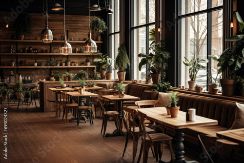 Interior design of cafe with wooden vintage style  decorated with warm and cozy tones  relaxing tones with classic old wood round corner counter and coffee machinery.