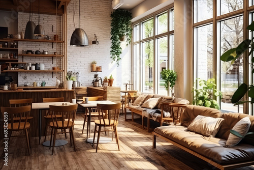 Interior design of cafe with wooden vintage style, decorated with warm and cozy tones, relaxing tones with classic old wood round corner counter and coffee machinery.