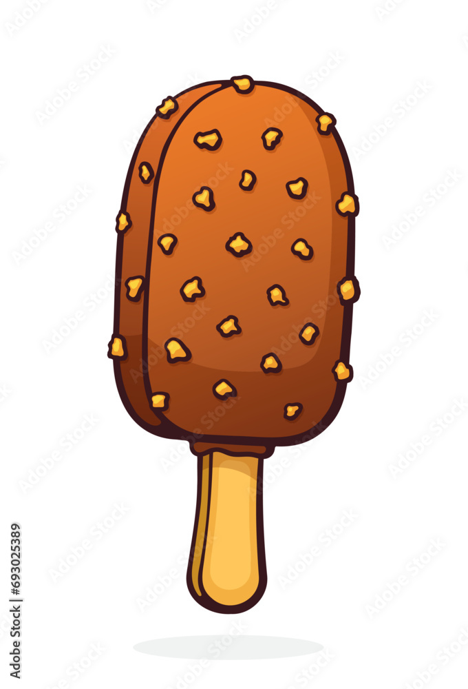 Ice cream on stick with chocolate glaze and nut. Vector illustration. Hand Drawn Cartoon illustration with outline. Design element isolated on white background Ice cream on stick with chocolate glaze and nut. Vector illustration. Hand Drawn Cartoon illustration with outline. Design element isolated on white background