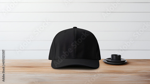 Black cap on table against white background. Mockup
