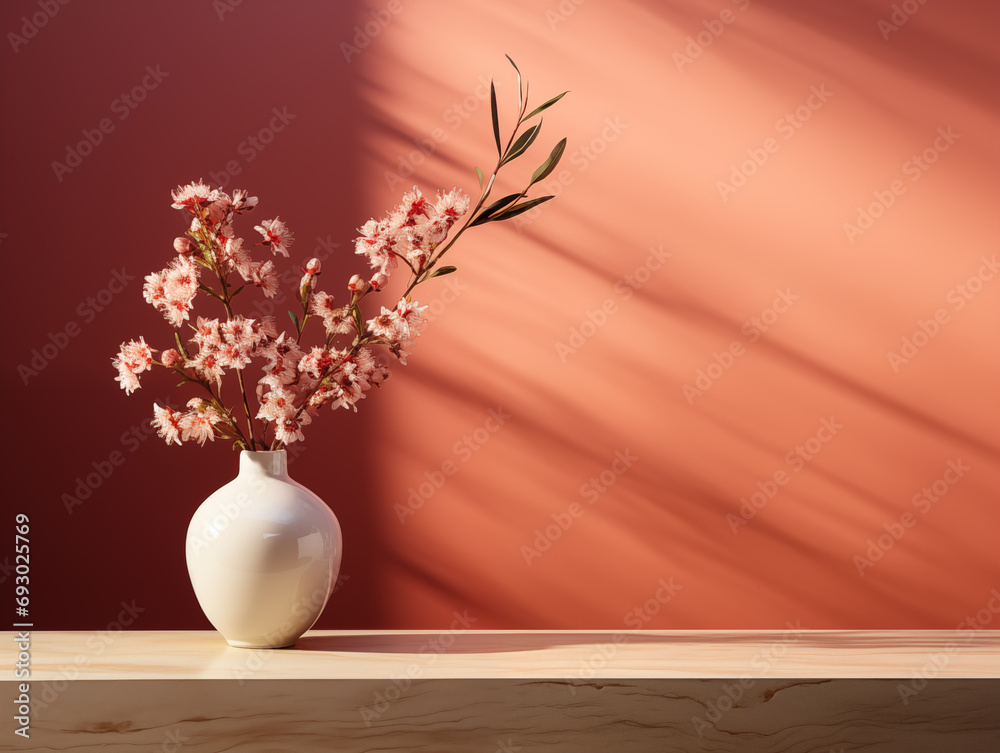 background image, red wall with  a white vase and flower