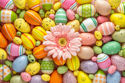 Canvas Print Creative layout with colorful Easter eggs and daisy flower