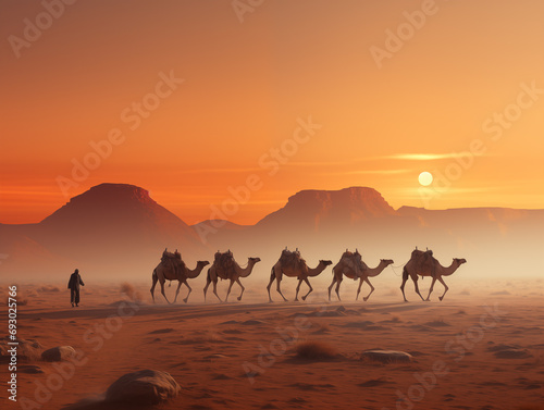 A line of camels walking in the thin mist of the desert dawn