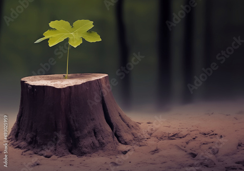 Dead tree stump and small green growing sprout seedling - symbolizing life after death and the miracle of life - copy space - overcoming trials photo