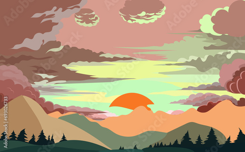 Cartoon dawn sky with pink and blue clouds.Beautiful cloudy landscape at sunset.Fluffy cumulus clouds flying over the sea.