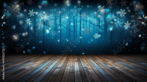 Merry christmas and happy new year greeting background with table. Winter landscape with snowflakes. Copyspace for text