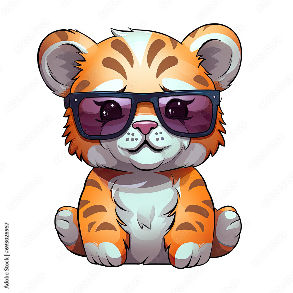 Naklejka premium Little cute tiger wearing sunglasses.